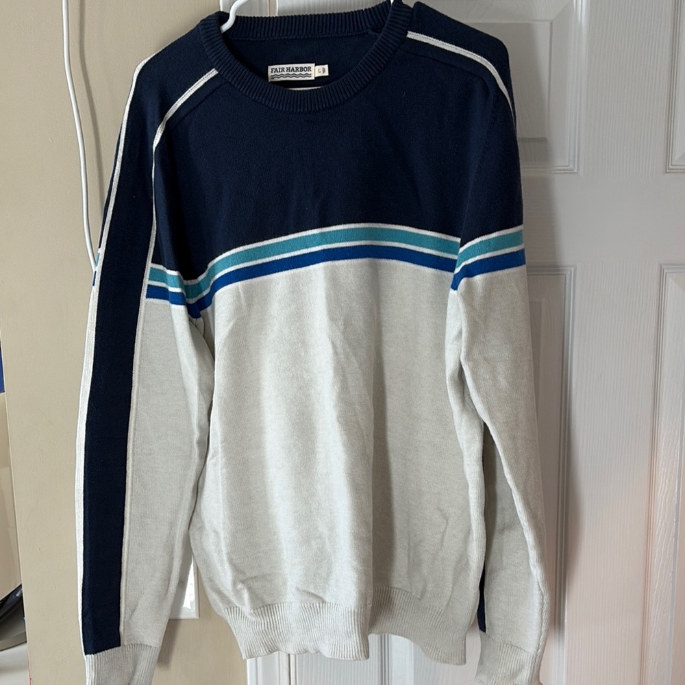 Navy and White Men's Sweater by